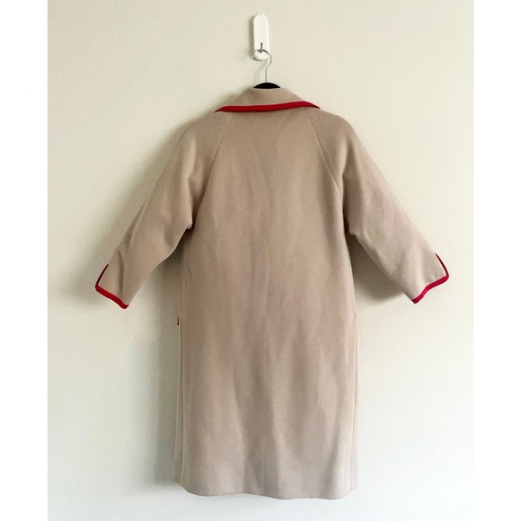 Vintage Kramer's Carmel By The Sea Long Coat Cream Knit Pink Red Trim Pockets - Picture 2 of 9